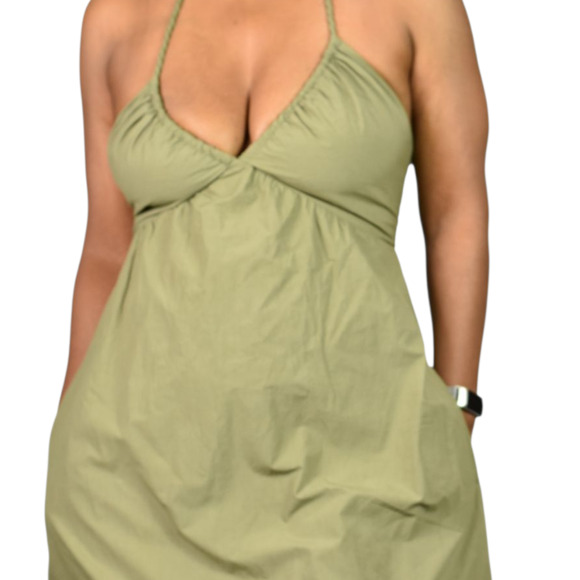 Xirena Maggie Halter Dress Green Olive Maxi Poplin Cotton Sundress Pockets XS - Picture 4 of 16